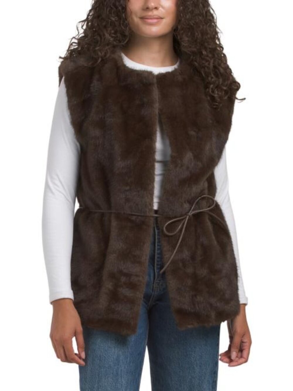 ELIE TAHARI Extended Shoulder Crew Neck Vest With Faux Leather Cord Belt